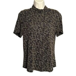 Nicola VTG Womens Knit‎ Mock Top S/M Black Gold Texture Stretch Blouse 90s Sheer